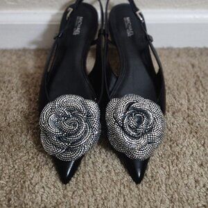 Michael Kors Slingback Shoes Black Leather mesh Silver Details